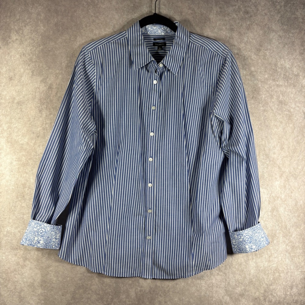 Talbots Button Down Shirt Womens 16 Blue Striped Wrinkle Resistant Contrast Cuff